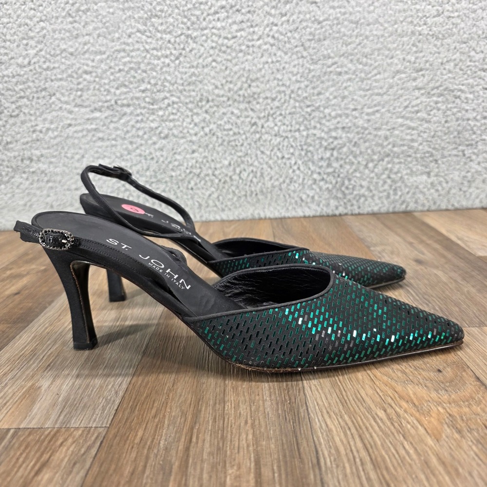 St. John Womens Black Green Sequin Slingback Pointed Toe Pumps‎ Made in Italy 9